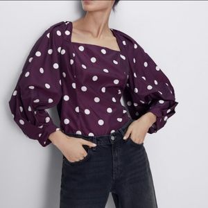 Zara puff sleeve polka dot taffeta blouse